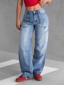 SHEIN EZwear Women's Casual Washed Straight Leg Cargo Jeans