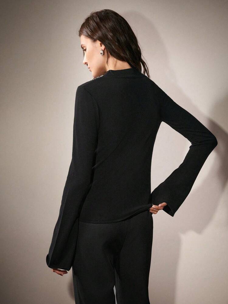 Elegant Crew Neck Rhinestone Embellished Knit Flare Sleeve Warm Sweater, Soft Knitted Top For Autumn/Winter Fall