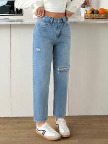 EURMUSE Women's Front Button Pocket High Waist Ripped Simple Denim Jeans - Medium Wash - View 1