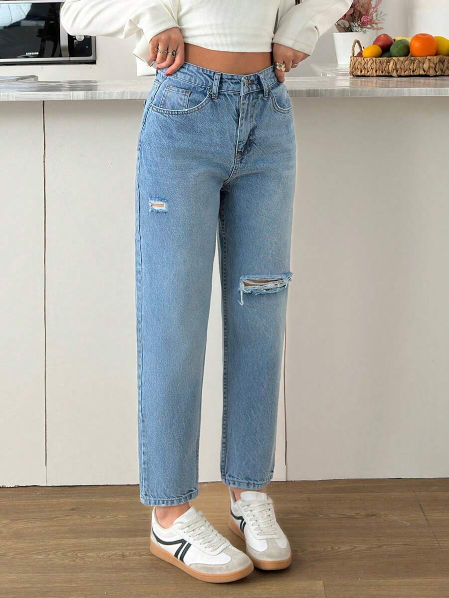 EURMUSE Women's Front Button Pocket High Waist Ripped Simple Denim Jeans - Medium Wash - View 1