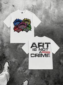 Manfinity Roghcode Men's Oversized Relaxed Fit T-Shirt With Graffiti Multi-Face Vintage Graphic Print - White - View 5