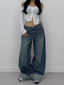 DAZY 女式休闲低腰阔腿水洗牛仔裤，返校服 - 藍色 - 查看 4