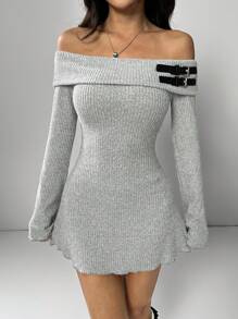 SHEIN EZwear 女士扣饰露肩长袖休闲中长连衣裙 - 灰色 - 查看 4