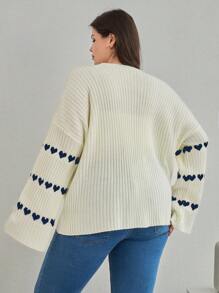 EURMUSE Heart Patterned Flared Sleeve Ribbed Knit Sweater - Apricot - View 2