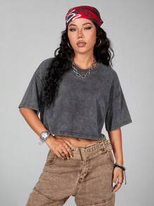 SHEIN Coolane Cotton Casual Short Sleeve Cropped T-Shirt - Grey - View 8
