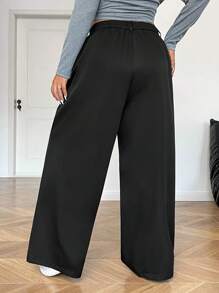 SHEIN EZwear Pantaloni casual larghi a vita alta in nero, taglia comoda, per donna, adatti per l'autunno/inverno - nero - Visualizzare 2