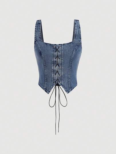 SHEIN MOD Lace Up Front Asymmetrical Hem Denim Vintage Slim Fit Top