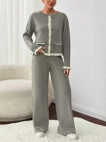 RueChic 2pcs Women's Autumn/Winter Ruffled Ribbed Long Sleeve Sweater And Long Pants Set - Grey - View 4