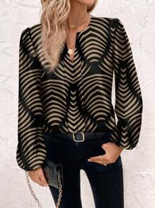 SHEIN Clasi Casual Minimalist Geometric Floral Print Plus Size Shirt, Suitable For Autumn/Winter - Apricot - View 5