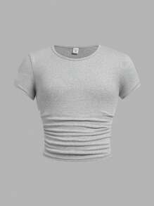 SHEIN Girlism 3 Piece Set Tween Girls Fitted Casual Solid Color Crew Neck Shirred Short Sleeve T-Shirts