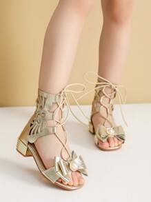 Kids Girls High Heel Sandals Summer Pearl Zipper Sandals