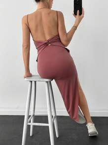 EURMUSE Women's Solid Color Pleated Side Slit Hem Casual Cami Dress - Dusty Pink - View 3
