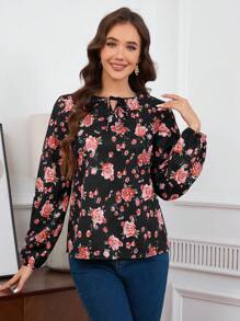 INAWLY 1pc Women's Black Long Sleeve Ditsy Floral Casual Shirt