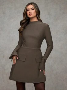 SHEIN BAE 女士纯色立领长袖优雅简约休闲连衣裙秋季办公室装女士新年夜礼服派对礼服节日礼服圣诞礼服女士感恩节服装女士冬季服装圣诞礼服冬季礼服女士连衣裙秋季服装女士派对礼服 - 咖啡棕 - 查看 2