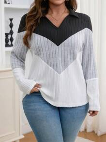 SHEIN LUNE Plus Size Women Soft Fleece Tricolor Patchwork Loose Stand Collar Long Sleeve T-Shirt