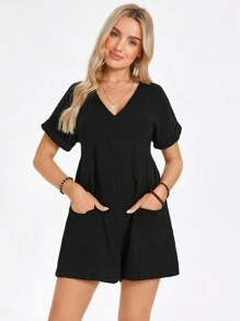 SHEIN LUNE Batwing Sleeve Pocket Patched Romper - Black - View 5