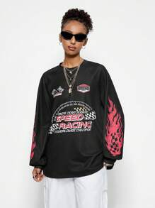 SHEIN EZwear Women's Ricing Game Day Long Sleeve Patchwork Printed Jersey T-Shirt,Couple Same Style - Black - View 5