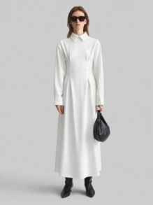 Ontre Women's White Cinched Waist Waist Elegant Commuter Wide Hem Drawstring New Year Spring Solid Color Stand Collar Long Sleeve Casual Dress - White - View 3