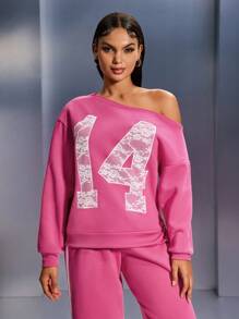SHEIN SXY Women Casual Colorblock Lace Number Print Asymmetrical Hooded Top And Pants Set, Autumn - Hot Pink - View 6