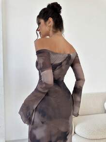 Firerie 新款优雅扎染印花露肩连衣裙，秋冬款