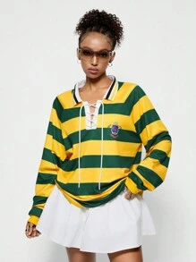 SHEIN EZwear Women's Couple Costumes Sportswear Stripe Lace Up Lapel Heartie Sweatshirt