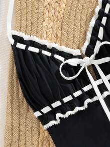 Costume da bagno intero da donna con corda traforata, bianco e nero, da indossare in estate - Bianco e nero - Visualizzare 2