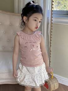 DAZY Young Girl Slogan Cartoon Print Ruffle Trim Round Neck Cute Tank Top,Girls Summer Outfits - Pink - View 6
