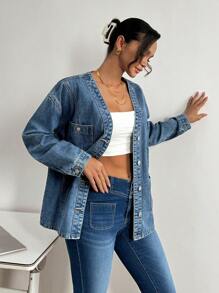 SHEIN Essnce Women's Front Button Long Sleeve Pocket Minimalist Casual Denim Jacket