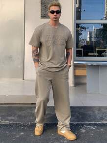 DAZY Men's Letter Embossed Print T-Shirt And Pants Set - Grey - View 7