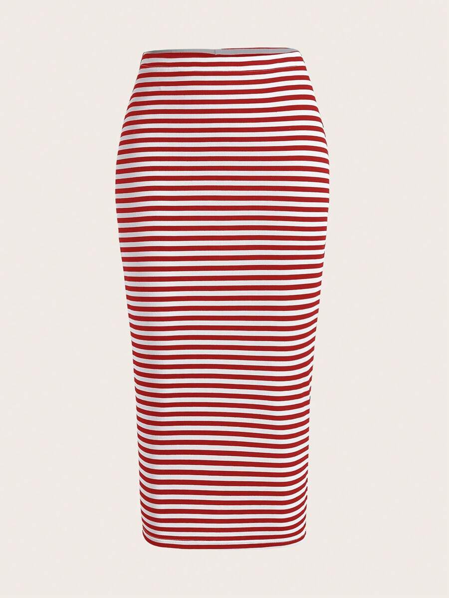 SHEIN EZwear 女士红白条纹加大码铅笔裙 - 紅白色 - 查看 1