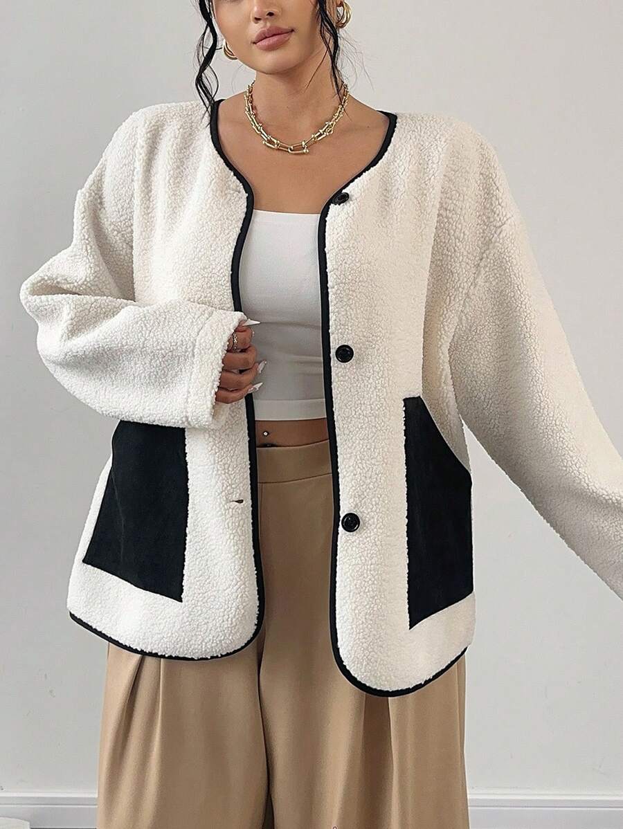 Flirla Plus Size Women Faux Single Breasted Contrast Color Pocket Jacket, Autumn/Winter - Black and White - View 1