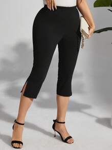 EMERY ROSE Plus Size Solid Color Elastic Waist Split Hem Capri Pants - Black - View 3