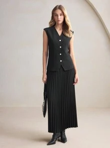 BizChic 2pcs/Set Women's Black Blazer Suit With Pleated A-Line Skirt, Office/Commuter Wear, Elegant For New Year, Spring/Summer - Black - View 3