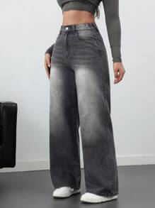 SHEIN Tall Pantalones de mezclilla negros casuales y rectos sueltos para mujeres, pantalones para salir, pantalones de otoño de mezclilla - Gris - Ver 4