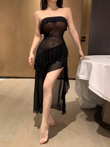 DAZY Mesh Sheer Ruffle Trim Fitted Camisole Nightgown - Black - View 6