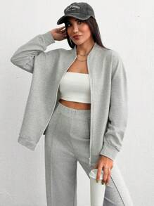SHEIN Cottnline ZIP-UP LONG SLEEVE SWEATSHIRT & SWEATPANT CO-ORD - Grey - View 6