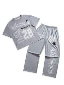 SHEIN Set da 2 pezzi per ragazzo adolescente, composto da t-shirt a maniche corte casual e pantaloni lunghi morbidi, stile punk rock da strada, adatto per festival primaverili/estivi e uso quotidiano, con stampe in inglese