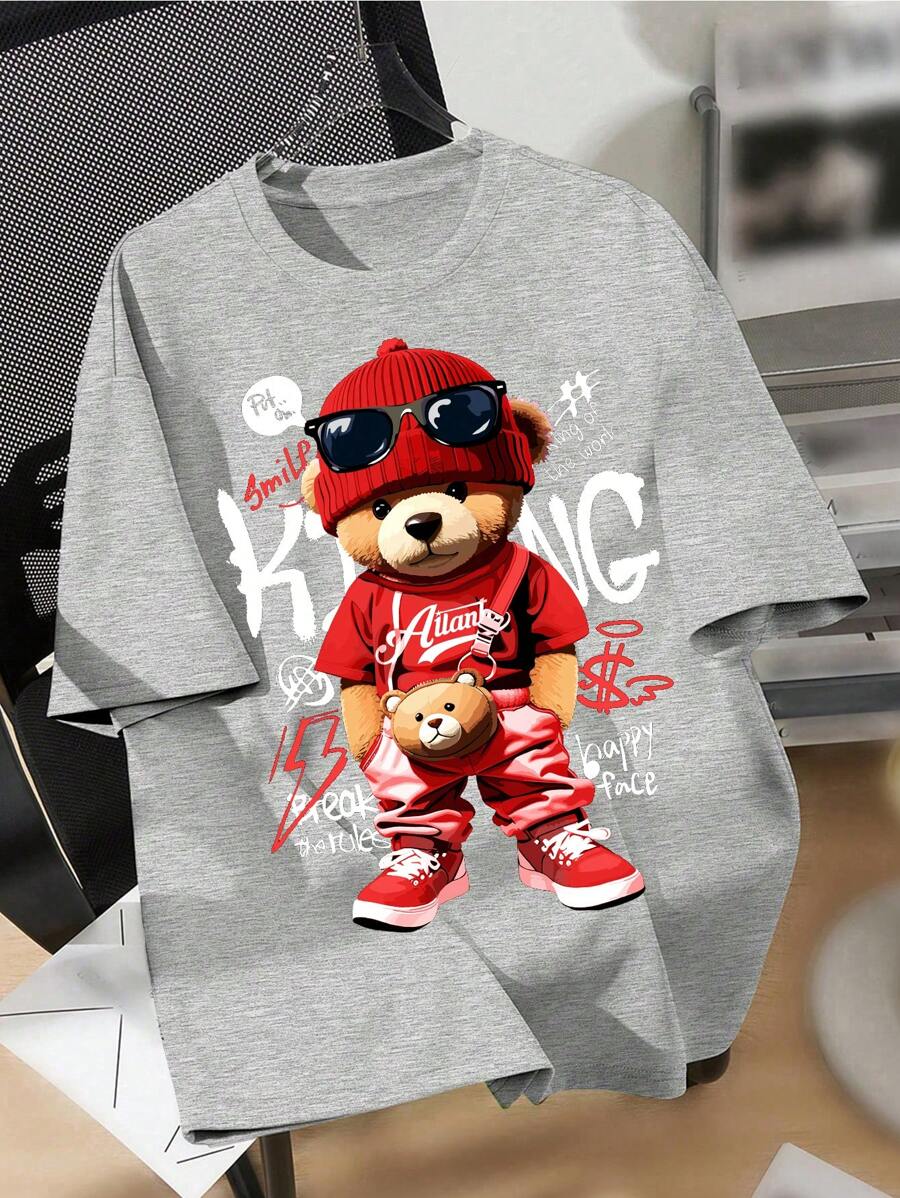 Teen Boy Casual Minimalist Round Neck Short Sleeve T-Shirt, Suitable For Summer - Light Grey - View 1