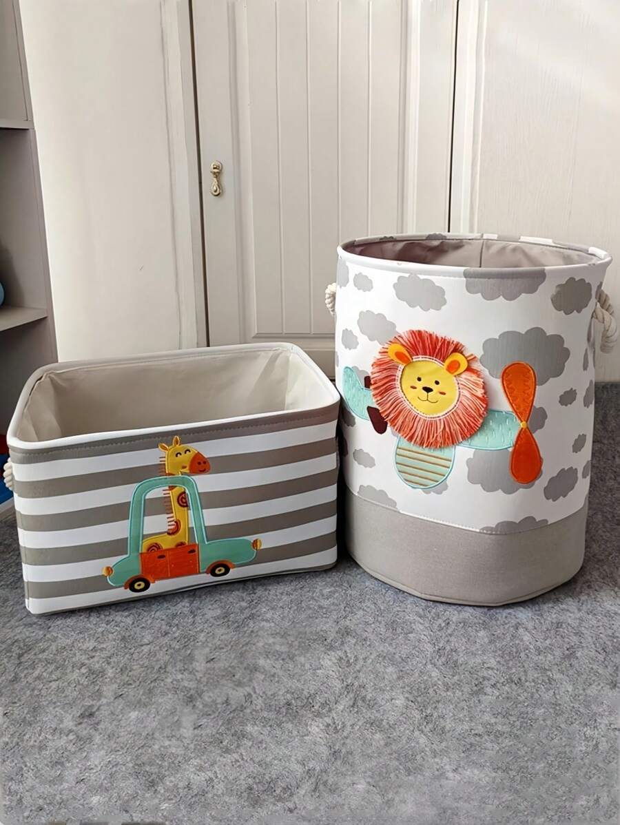 1PC Cute Cartoon Wild Animals Foldable Fabric Laundry Basket Toy Storage Box Rectangular Hamper Organizer For Bathroom Laundry Bedroom - Grey - View 1