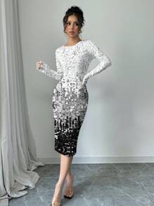 SHEIN Clasi Women's Silver-Gray Ombre Sequin Printed Round Neck Long Sleeve Mid-Length Fitted Dress Holiday Party Women Outfit Chic Dress