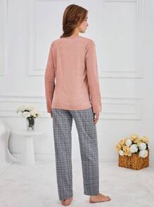 EURMUSE 100% Cotton 2Pcs  Koala Printed Long Sleeve Shirt And Plaid Printed Sleep Bottom PJ Set - Coral Pink - View 2
