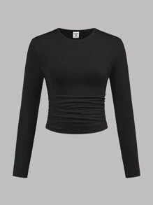 SHEIN Girlism 4pcs/Set Girls Solid & Striped Crew Neck Ruched Waist Long Sleeve Tight Fit Tops, Combo Set (Black, White, Gray) - Multicolor - View 10