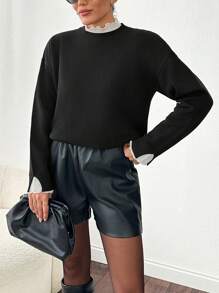 SHEIN Cottnline Plain Ruffled Hem Knit Pullover Sweater, Casual & Fashionable Everyday Wear - Black - View 3