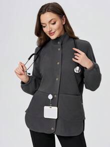 TaskEZ Plush Stand Collar Side Slit Women Scrub Uniform Jacket - Grey - View 6