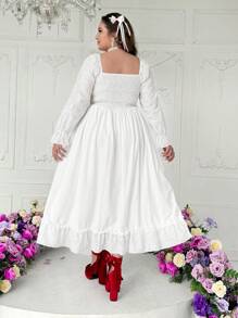 Flirla 加大码情人节、玫瑰、心形、波尔卡圆点、爱心、唇形、丘比特、3D花朵装饰甜美浪漫可爱蝴蝶结长裙 - 白色 - 查看 3