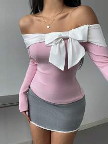SHEIN EZwear Women's Contrast Bow Decor Off Shoulder Long Sleeve Fitted Fashion T-Shirt