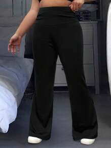 Flirla Women Plus Size High Waist Solid Color Bell-Bottomed Minimalist Trousers