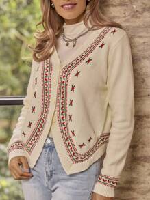 LanaWest Women's Front Button Long Sleeve Floral Embroidered Minimalist Casual Top, Daily Wear Fall Cloth For Women