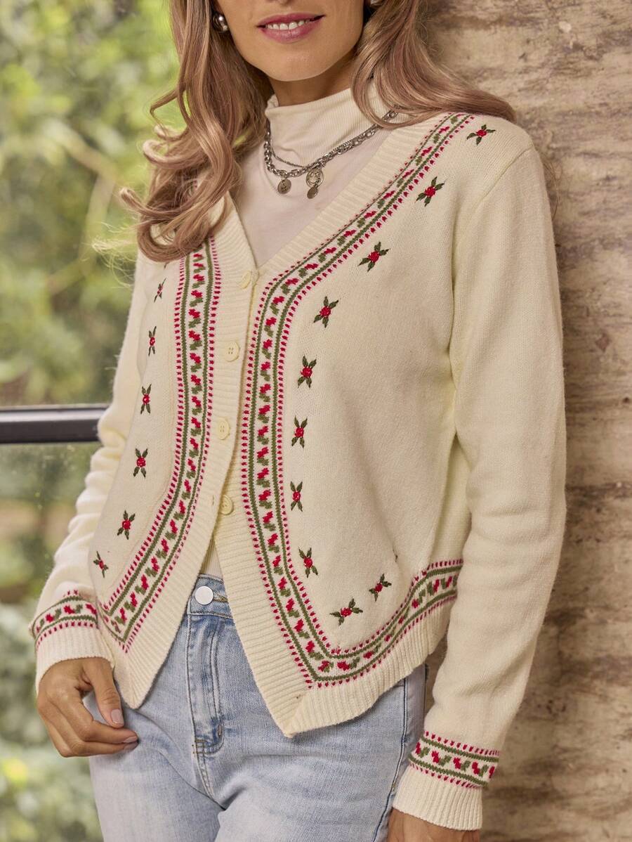 LanaWest Women's Front Button Long Sleeve Floral Embroidered Minimalist Casual Top, Daily Wear Fall Cloth For Women