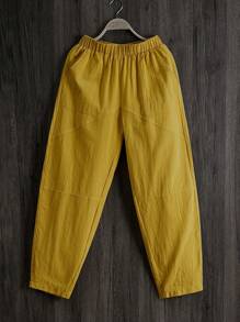 Zayélia Women Elastic Waist Solid Color Cone-Shaped Loose Casual Trousers With Pockets - Yellow - View 5
